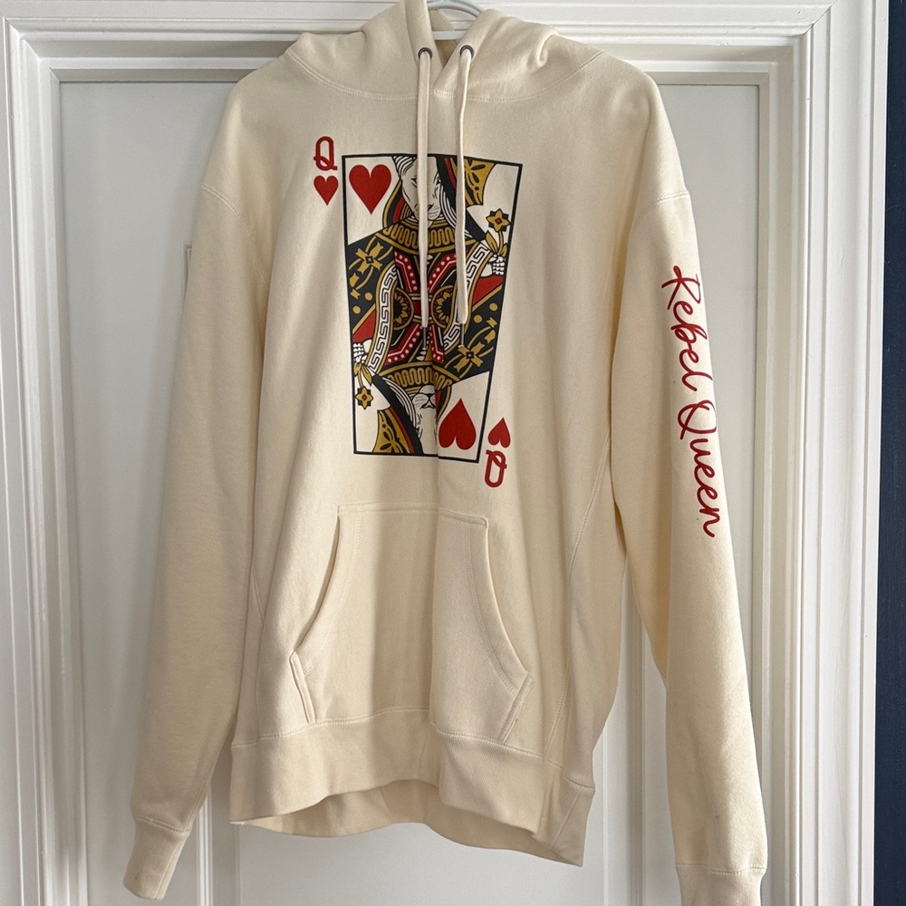 Cream Queen of Hearts Graphic Hoodie with Red Script